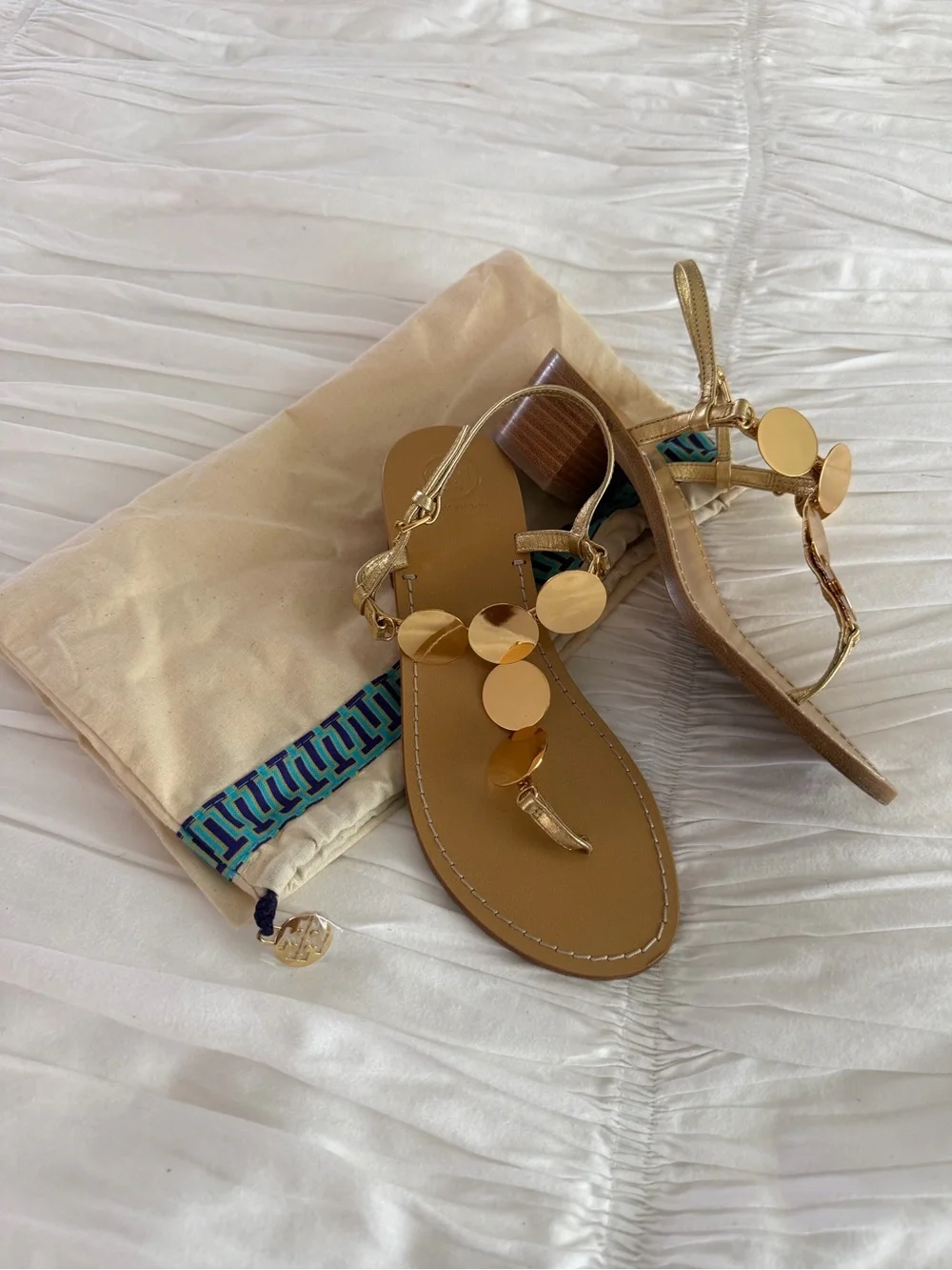 Tory Burch Gold Disc Leather Sandals Size 7 Block Heel Ankle Strap